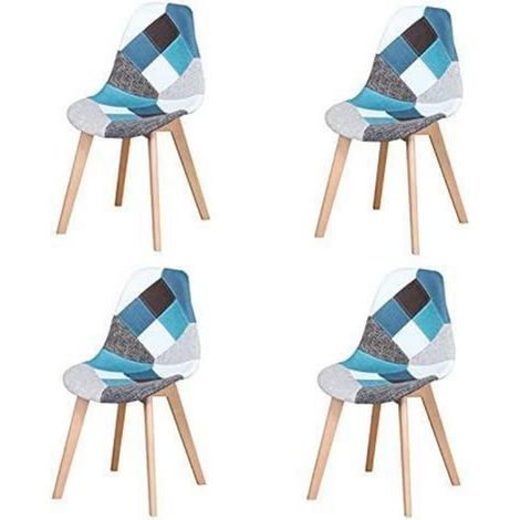 4er Set Esszimmerstühle Patchwork Blau Stoff mit Holzbeinen (1/5)