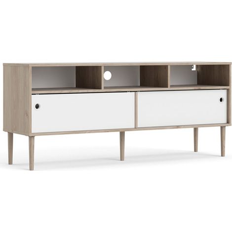 Penny TV Tisch 2 Schiebetüren und 3 Fächer Hickory-Dekor und Mattweiß.