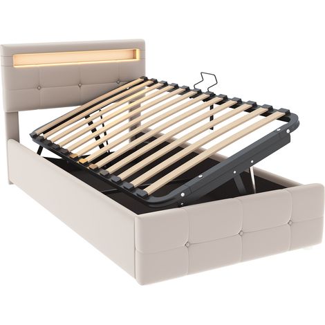CAIziLit rembourré pour enfant 90x200 cm avec éclairage LED, lit de rangement hydraulique, tête de lit réglable en hauteur, lit simple surélevé, tissu en velours, beige (1/5)