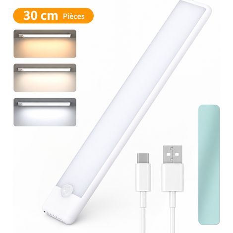 Réglette LED 30 cm T007 rechargeable 1500 mAh 1,5W avec détecteur de mouvement 3 couleurs 30cm 1500 mAh 30 × 4 × 1,7 cm 100 g – Livraison gratuite