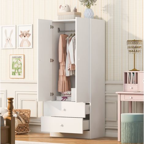 Armadio guardaroba 70 x 40 x 170 cm con appendiabiti e 2 cassetti bianco e rosa OKWISH (1/5)