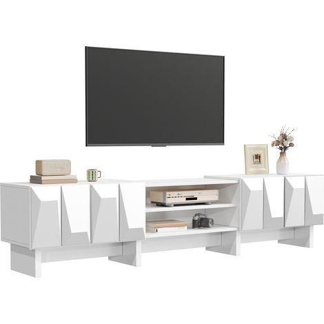 Meuble TV blanc 180 cm, 4 portes relief, compartiments ouverts (1/5)