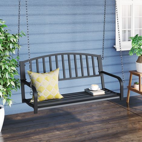 Banc suspendu Outsunny 2 places, balancelle de jardin style Hollywood, banc flottant avec chaînes, métal noir, 127 x 60 x 53 cm (1/5)