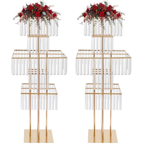 Lot de 2 supports à fleurs de mariage carrés en métal doré avec pendentifs cristal à 5 niveaux, doré présentoir décoratif, centre de table pour banquet, fête, événement et réception - 125 cm H (1/5)