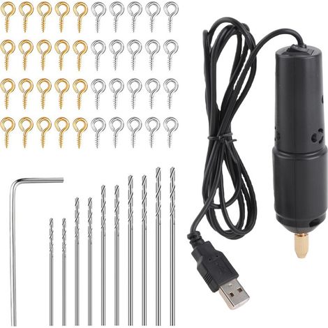 SJLERST Ensemble de mini-perceuses électriques en résine avec 10 forets pour bijoux, produits en aluminium, fabrication de porte-clés en bois, noir