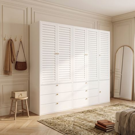Armoire Penderie Dressing Blanche avce 5 portes, Portes Persiennes 3 Penderies 6 Tiroirs Style Moderne, 225x50x200 cm (1/5)