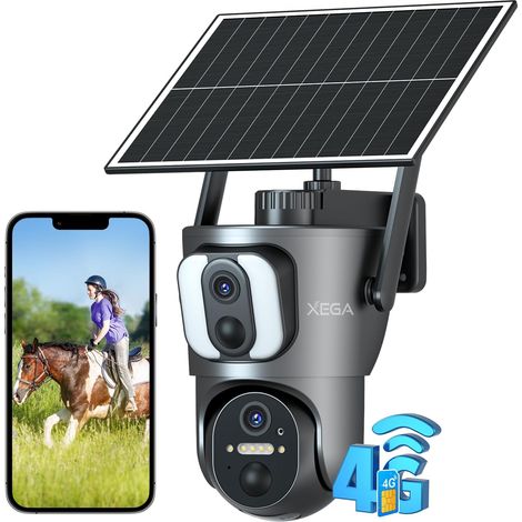 4G LTE Caméra Solaire Double Objectif avec Carte Sim, 14400mAh Camera Extérieure sans Fil, Détection de Personne 2K HD Inclinable 355°/100°, Autonome sur Batterie,Vision Nocturne IP66 (Non WiFi) (1/5)