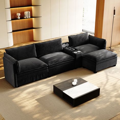 Canapé d'Angle Modulaire en L 315 cm - Rangement Ottoman Charge Sans Fil Haut-Parleurs - pour Salon Bureau - Tissu Chenille - Noir
