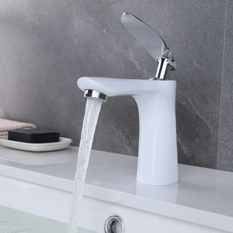 Senderpick – Robinet de lavabo mitigeur monocommande blanc – Construction métallique sans plomb – Vanne céramique – Installation sur le pont (1/5)