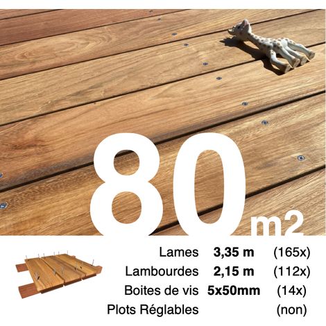 Kit terrasse bois exotique JATOBA pour 80 m² • Lames 3,35 m, lambourdes 2,15 m et visserie Inox • Livraison gratuite (1/4)