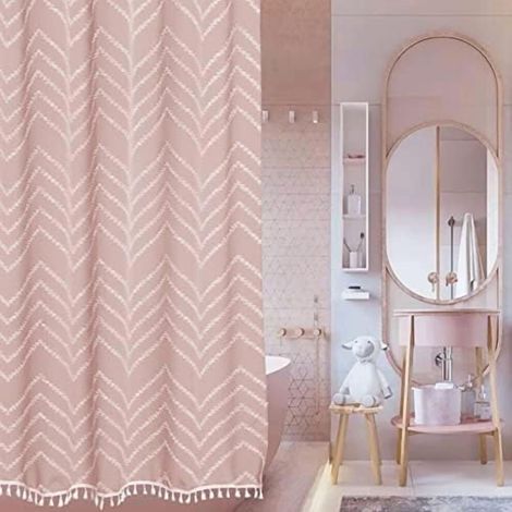 Rideau de douche rose bohème, 36 x 72 pouces, à rayures en chevrons touffetées tissées, style minimaliste moderne texturé de ferme – compatible avec les tringles à rideaux de douche standard. (1/5)