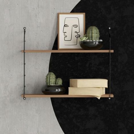 Etagère murale décor noyer 2 plateaux à montants noirs JENA (1/5)
