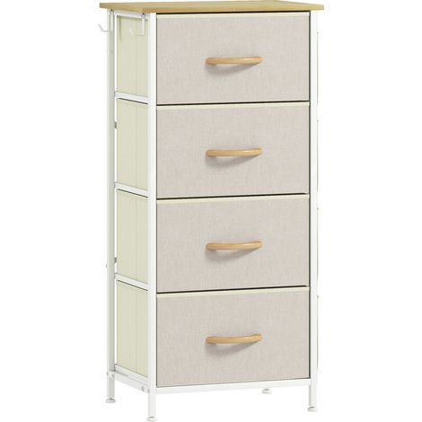 Commode 4 tiroirs en tissu beige, meuble de rangement avec 4 poches latérales et 2 crochets, structure métallique, dimensions 45x30x94,5 cm (1/5)