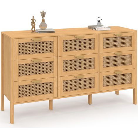 Kommode mit 9 Schubladen EDHEN XXL 136 cm aus Holz und Rattan (1/5)