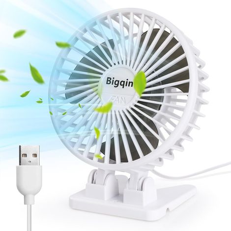Petit ventilateur de bureau USB avec 3 vitesses, réglage à 90° pour chambre, bureau, maison, voiture - Blanc (1/5)