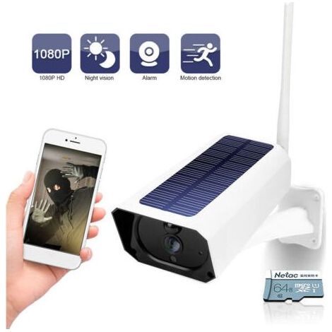Caméra de surveillance interieur / exterieur Camera solaire DC08 (Wifi) Moniteur sans fil 1080P, pas de plug-in, IP65 etanche, vision nocturne, matiere plastique, avec carte SD Netac 64G..dyk. (1/4)
