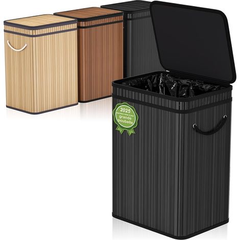 Grande poubelle de 80 litres avec couvercle, corbeille/panier à déchets en bambou, poubelle d'extérieur pour la maison, le bureau, la salle de bain, la cuisine 40X30X60 CM (noir) (1/5)