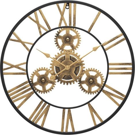 Pendule Murale Vintage Industrielle 50cm Noire en Bois Style Steampunk Chiffres Romains pour Salon, Bar, Bureau (1/3)
