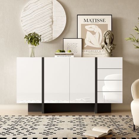 Buffet 2 portes et 4 tiroirs - aspect brillant - Blanc & Noir (1/5)