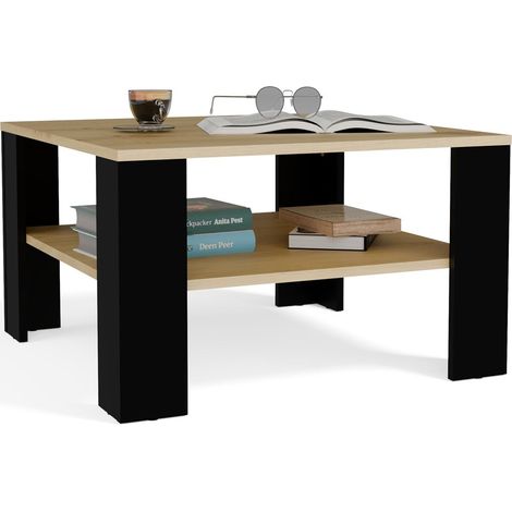 Mesa de centro cuadrada de roble con estante inferior, estilo artesanal, color negro, ideal para la sala de estar. (1/5)