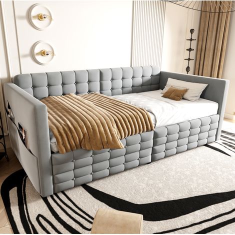 Cama tapizada con almacenaje 90x190 gris claro OKMYHOME (1/5)