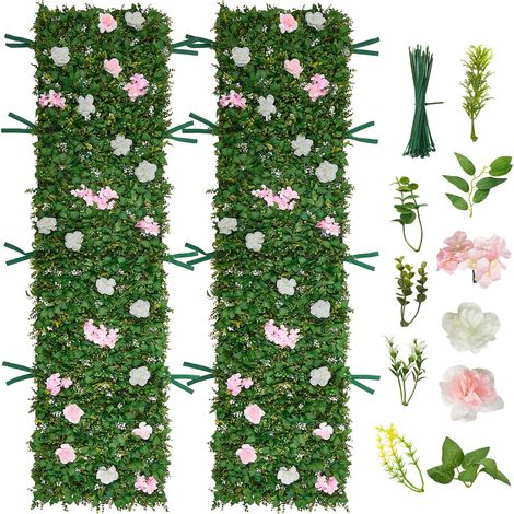 Mur Végétal Artificiel 248,3x61 cm Haie Artificielle Lot de 2 Panneaux de Feuillage Artificiel avec Fleurs Brise Vue de Balcon pour Décoration, Mariage, Intérieur et Extérieur, Clôture de Jardin (1/5)