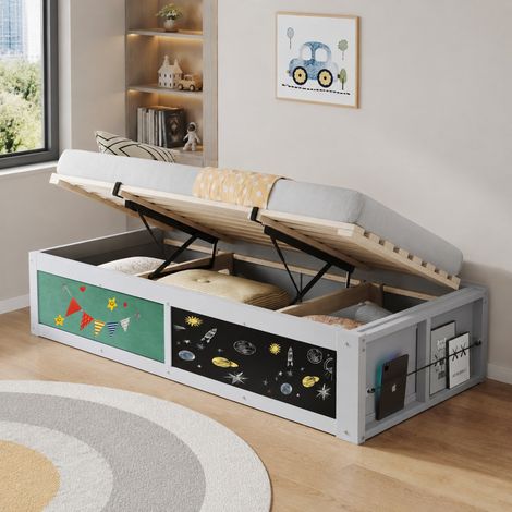 Letto MEUBLIV 90x200 cm grigio – contenitore idraulico e libreria laterale, senza materasso (1/5)