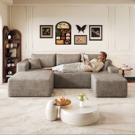 Canapé 241 cm à motif nuage, canapé moderne minimaliste habillé, canapé d'angle confortable en forme de L pour salon, assise profonde avec angle, sans montage requis, couleur chameau (1/5)