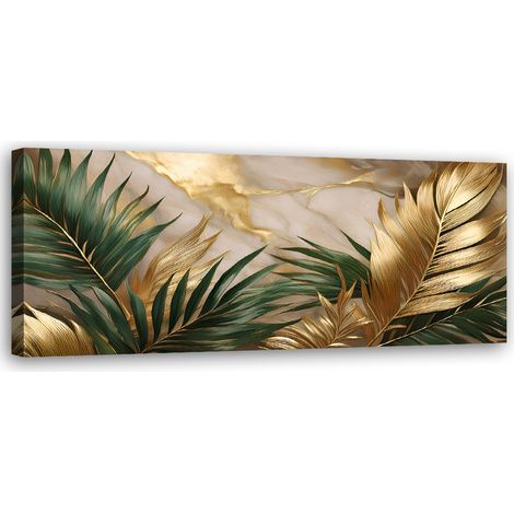 Tableau déco Feuilles de palmier sur fond de marbre doré 90x30 (1/5)