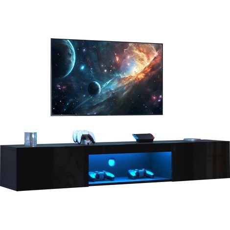 ELVMI Mueble TV de Pared con 2 Puertas Abatibles, Nichos y LED, para Salón, 160 x 31 x 22 cm, Negro (1/5)