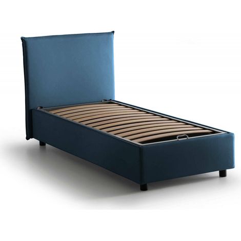 Talamo Italia Letto singolo Chelsea, Letto contenitore con rivestimento in tessuto, 100% Made in Italy, Apertura frontale, adatto per materasso Cm 90x190, Blu, con imballo rinforzato
