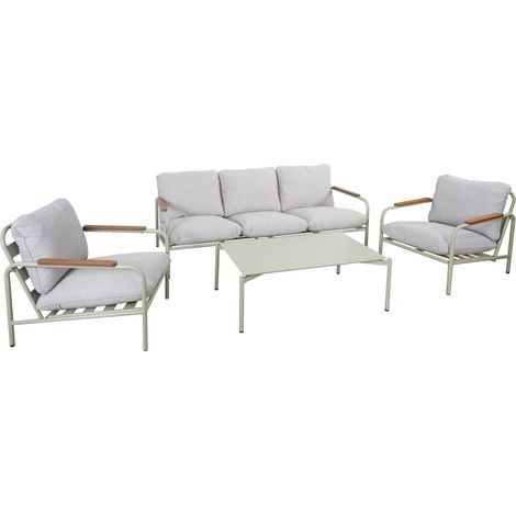 [NON UTILIZZATO] Set da giardino in alluminio HHG-594, salottino divano 3 posti poltrone tavolino, Olefin (205 g/m²), verde chiaro beige