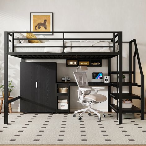Lit en mezzanine 140200 cm, armoire, étagères, échelle de rangement, bureau, sans matelas, noir (1/5)