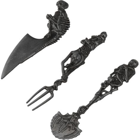Halloween-Skelett-Besteckset aus Zinklegierung, Gabel, Löffel und Messer mit schwarzem Totenkopf-Motiv, kreatives Metall, gruseliges Partygeschenk, 3-teilig (1/5)