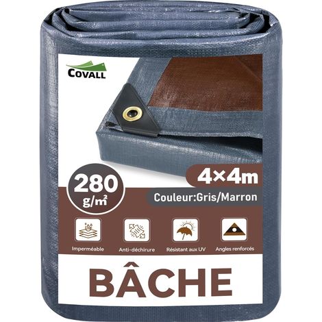 bâche 4x4m imperméable 280g/m² bâche de Protection extérieur, surpoids avec œillets soudés renforcés, Anti-UV, résistante aux intempéries pour Jardin, Piscine et Tente de Camping, Gris/Marron (1/5)