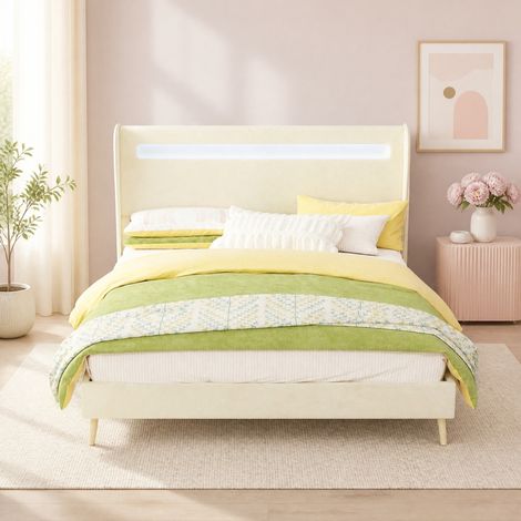 Letto 140x200 cm beige con testiera LED, struttura in tessuto e metallo, senza materasso MEUBLIV (1/5)