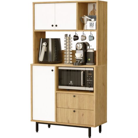 Buffet 3 Portes 2 Tiroirs 6 Niches Chêne et Blanc L 88 H 161.2 P 35.5 cm (1/5)