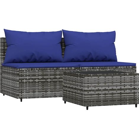 vidaXL Gartenset 3-teilig mit Kissen Grau Geflochtene Rattan
