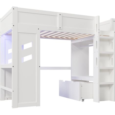 Hochbett 90 x 200 cm mit Schreibtisch, LED, USB Type-C, Schubladen und Kleiderstange weiß (1/5)