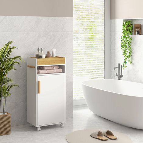 Mobiletto da bagno moderno con ripiani regolabili, vassoio estraibile e ruote, 40x30x88 cm, bianco e rovere.