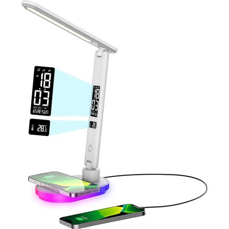 Lampe de Bureau LED avec Chargeur sans Fil 10W, Lampes de Table Dimmable tactile avec couleur et 5 niveaux de luminosité,lamp avec port USB,horloge,veilleuse couleur,LCD pour chambre,bureau (blanc) (1/5)