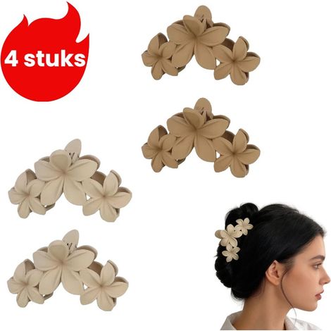 Ensemble de 4 accessoires pour cheveux avec pince florale rétro pince griffe en verre dépoli et 2 barrettes kaki et marron clair pour femme (1/5)