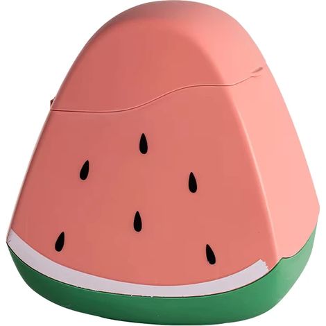 Boîte de rangement en plastique rose et vert en forme de pastèque, résistante et légère, avec couvercle et motif de graines noires, idéale pour ranger les petits objets à la maison ou au bureau. (1/3)