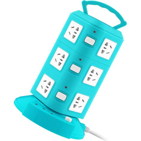 Multiprise USB portable de type tour, idéale pour la maison, le bureau et les résidences étudiantes. Disponible en gros, coloris vert paon, 3 brins, 1,8 m. (1/4)