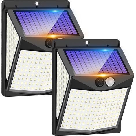 Lampes de sécurité solaires à 238 LED avec 3 modes d'éclairage, détecteur de mouvement, grand angle de 270°, étanchéité IP65, applique murale solaire (lot de 2)-AquaForge