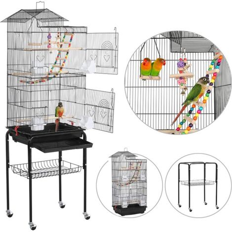 Cage Oiseaux Portable Poignée Volière avec Toit Équipé 3 Perchoir en Bois 4 Mangeoires 4635.5158.5cm (Noir) (1/5)