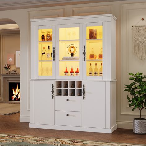 Vitrine blanche 130x37,5x170,5 cm avec 2 tiroirs, 4 portes, 8 casiers à vin et LED, pour salon et bureau (1/5)