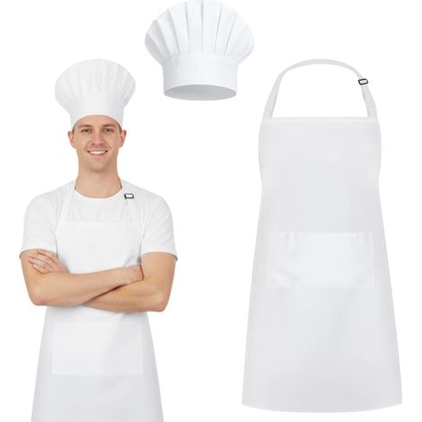 Costume de chef pour homme - Avec tablier blanc - Costume de chef pour restaurant et cuisine - Tablier blanc - 80 x 65 cm - Avec toque de chef 58-62 cm (1/5)