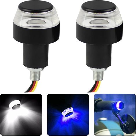 Lumières LED d'extrémité de guidon de moto, Indicateur de guidon Tourner Signal Light, 12V Grip Bar End Plug Side Marker Lamp, Lumières de jour pour motocyclettes, E-Bikes, Blanc/Bleu