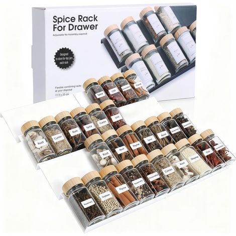 Rangement Epices Cuisine 8PCS, Extensible de 23cm à 46cm Rangement Epices Tiroir, Insert de Tiroir à Épices, Ajustable pour Placards et Tiroirs - Pour Sel, Épices, Vitamines (1/5)